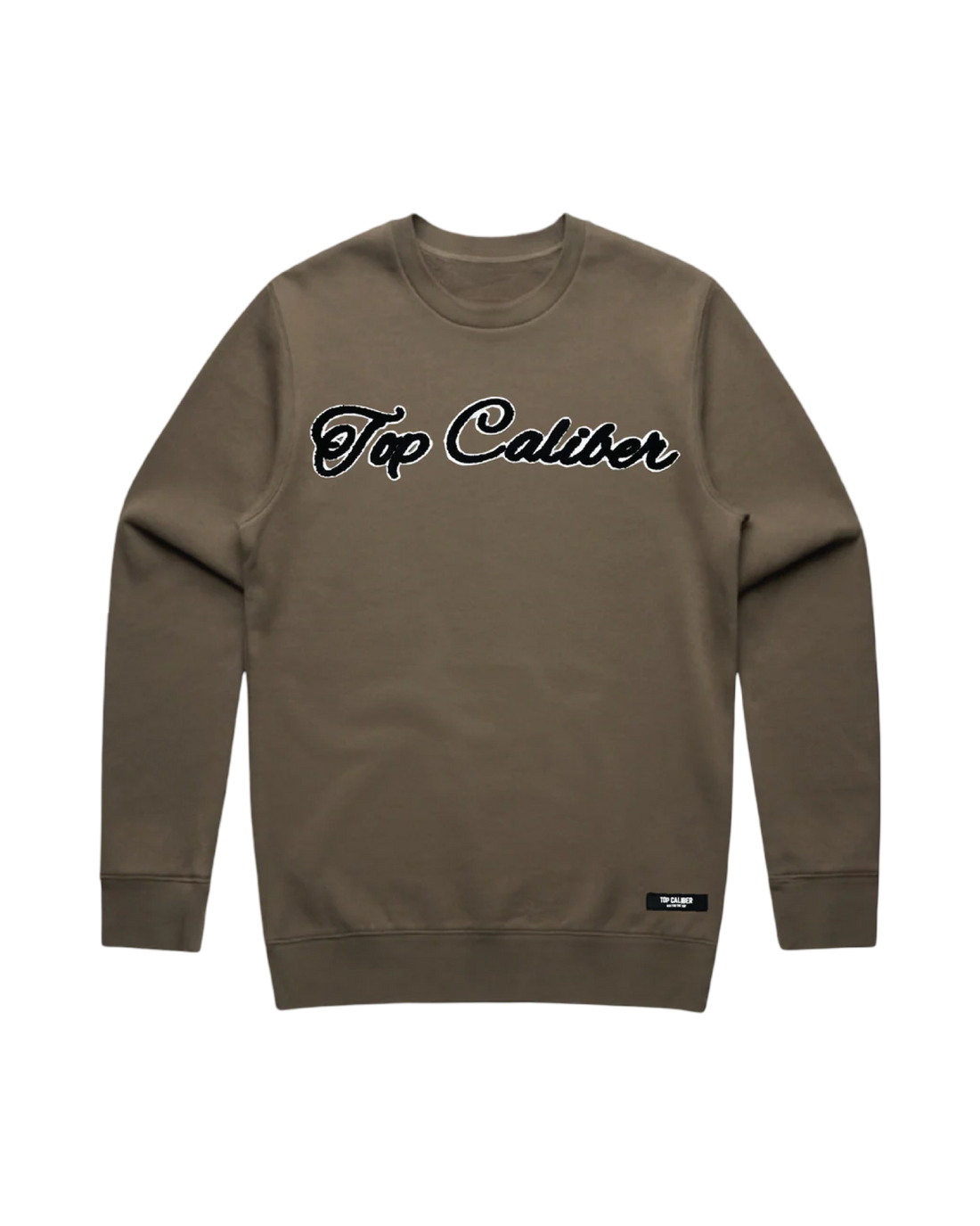 Mocha Chenille Patch Crewneck — Premium Fleece