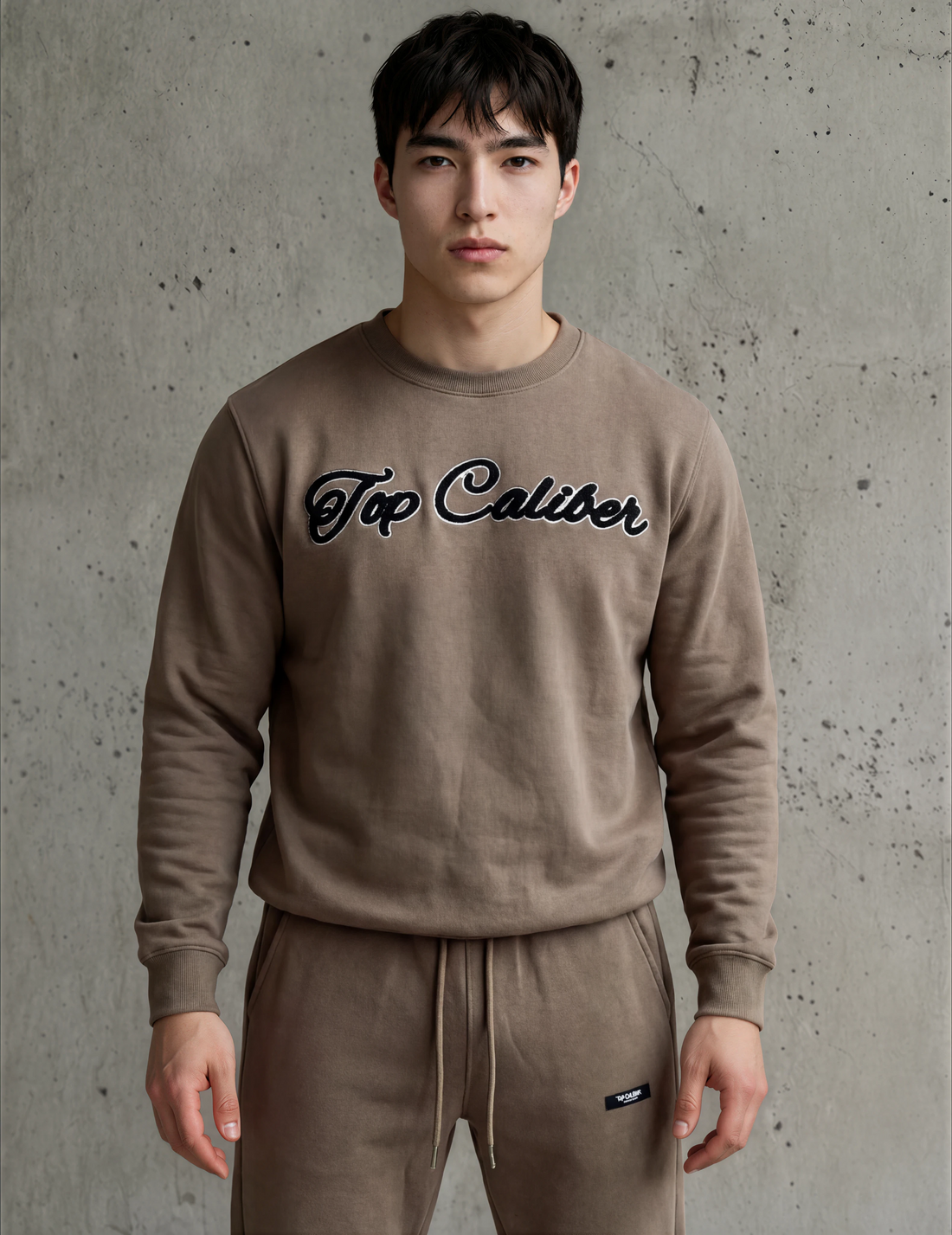 Mocha Chenille Patch Crewneck — Premium Fleece
